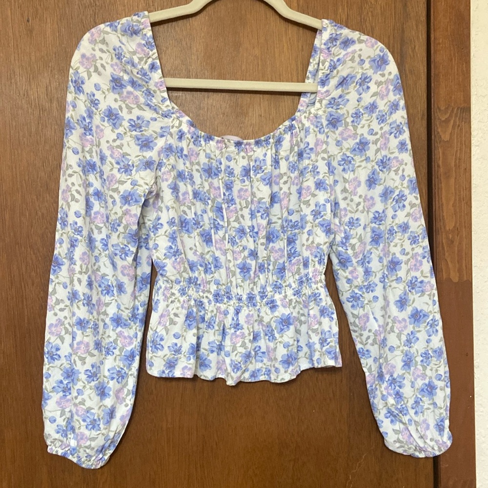SO Junior’s Floral Square Neck Ruffle Lantern Long Sleeve Blouse